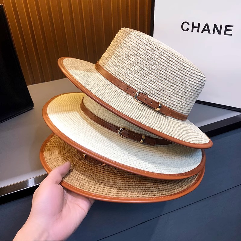 French Hepburn-Style Leather-Trimmed Straw Hat for Women, Summer Beach Vacation, Encrypted Flat-Top Hat, Outdoor Sun Protection Sunshade Hat