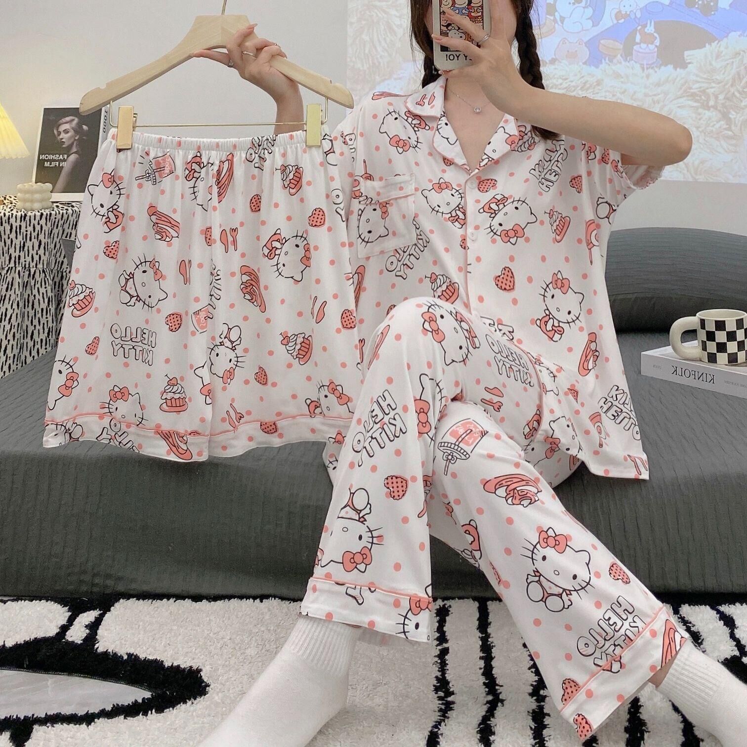 Sweet Hello Kitty Pajamas for Women, Cute Cartoon Girly Short-Sleeved Home Clothes, Women's Casual Three-Piece Set That Can Be Worn Outside