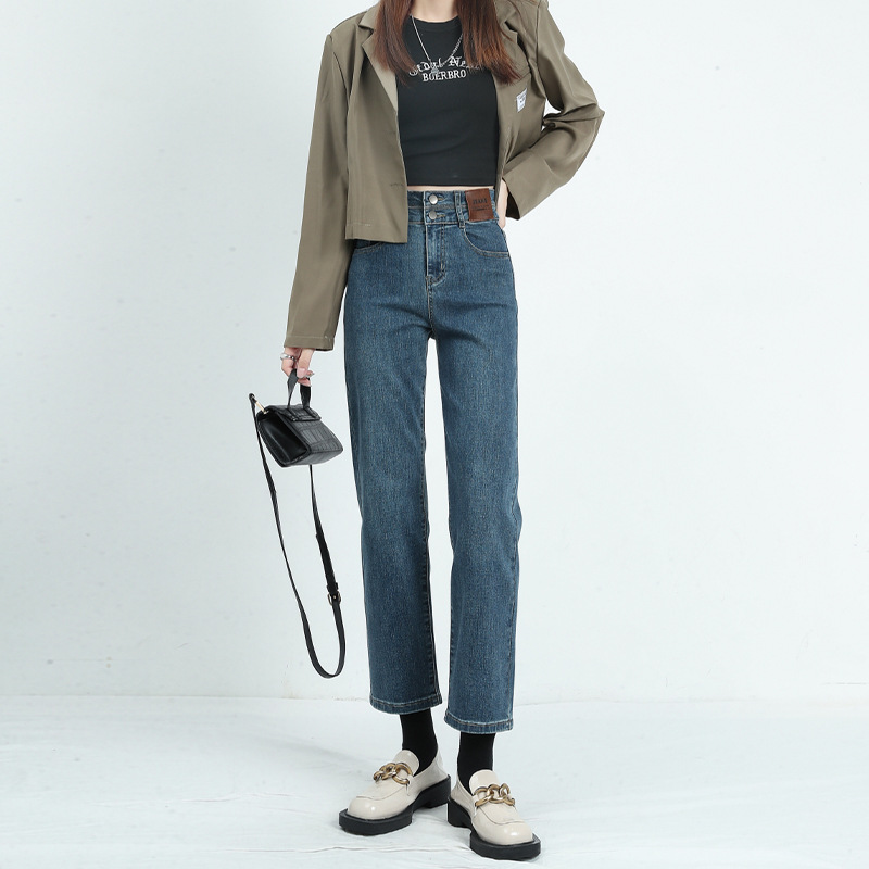 Narrow Straight-Leg Jeans for Women, Spring Elastic High-Waisted Cigarette Pants, Women's Spring Cropped Pants, Women's Spring Silk Jeans, Women's Summer