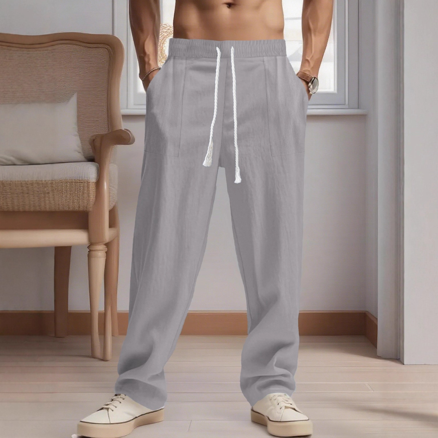 Cross-Border Spring and Autum Japanese Retro Men's Straight Pants Pure Color High-Quality Linen Breathable Loose-Fitting Pants