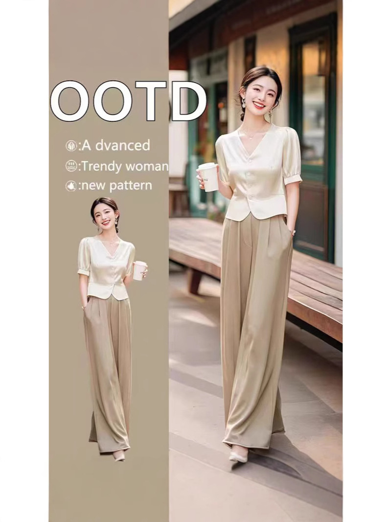Official website summer new capable temperament high-end sense of foreign style fashion apricot top pants two-piece suit women's clothing