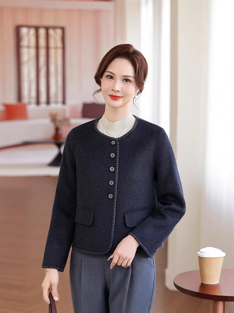 2026 Spring and Autumn New Fashion Casual Round Neck Short Style Chanel-Style Double-Sided Woolen Women's Jacket