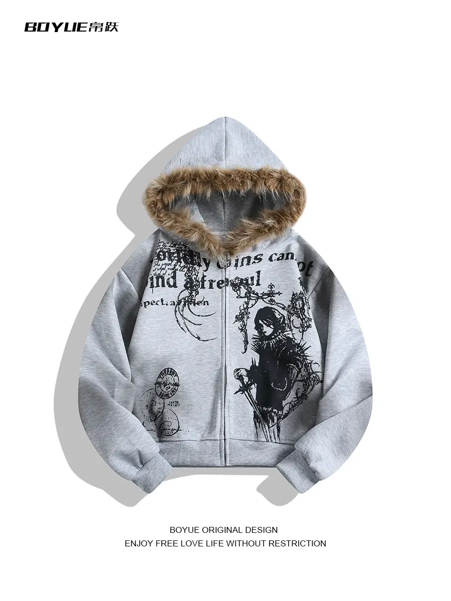 Boyue Silk Leap Yabi Style American Street Style Fur Collar Hooded Sweatshirt Graffiti Niche Tie-Dye Dark Unisex Jacket