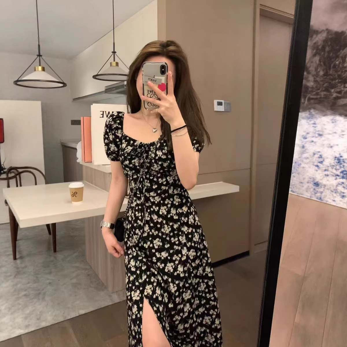 French-Style Square-Neck Floral Dress for Women, Summer Puff Sleeves, Waist-Cinching, Slimming, Elegant Long Tea Break Dress, Flattering for Petite Figures