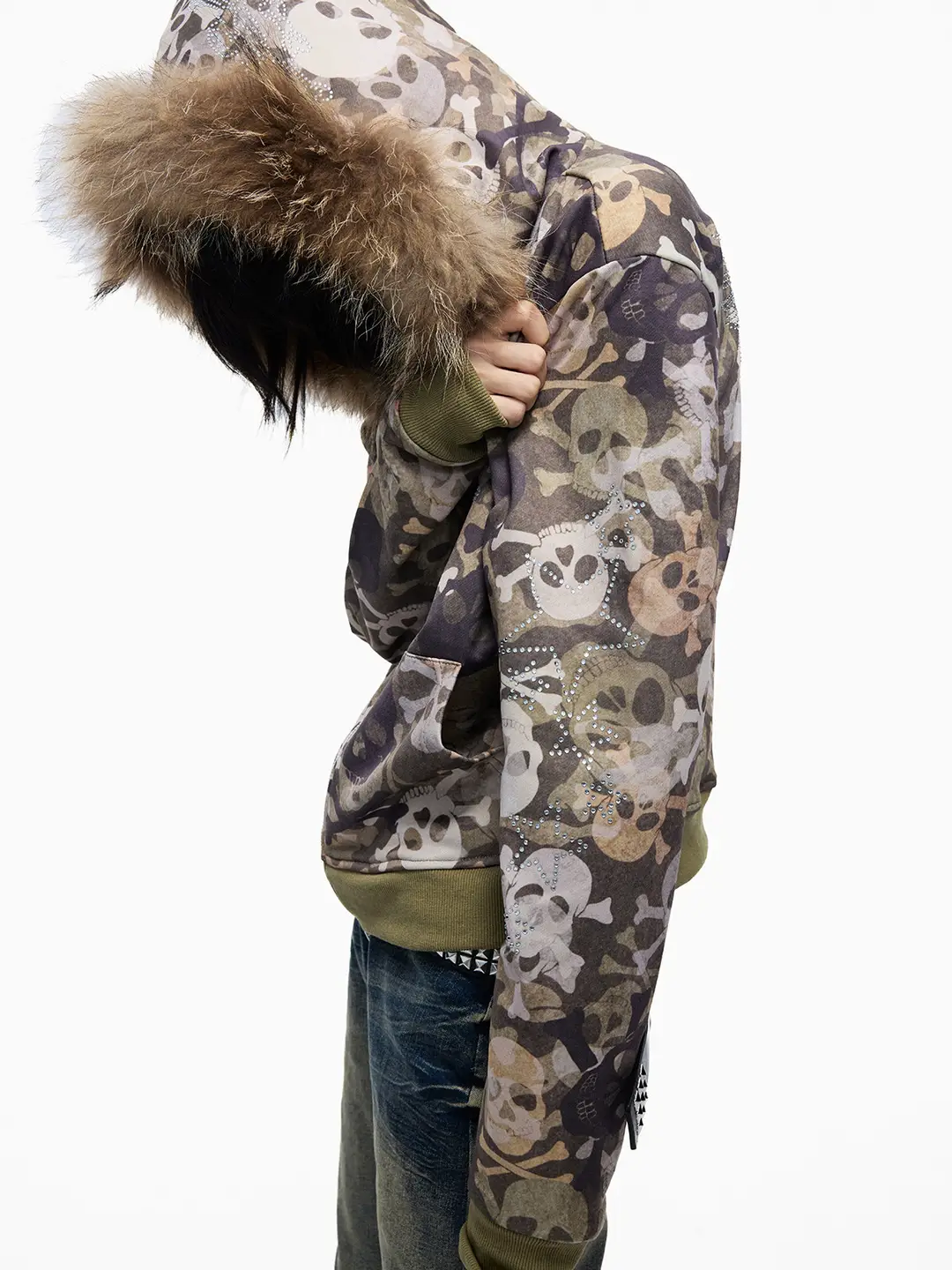 Lightinus* Dark Spirit Skeleton Camouflage Fur Collar Hooded Jacket Subculture Zipper Sweatshirt Short Top