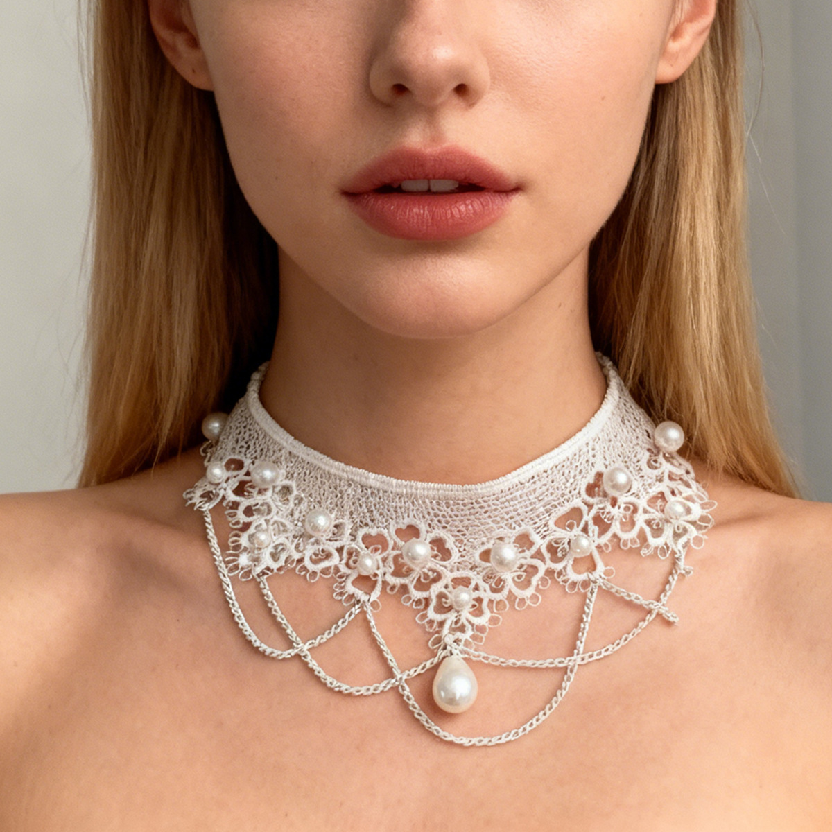 European and American Retro Simple Pearl Lace Necklace Export Jewelry Accessories Pearl Clavicle Chain Female Gothic Neck Necklace