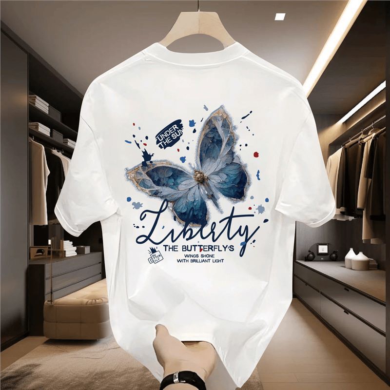 Heavy Cotton Butterfly Trendy Brand Short-sleeved T-shirt Men's Summer New Arrival Hong Kong-style Inspired Plagiano Loose Round Neck Half-sleeved Top