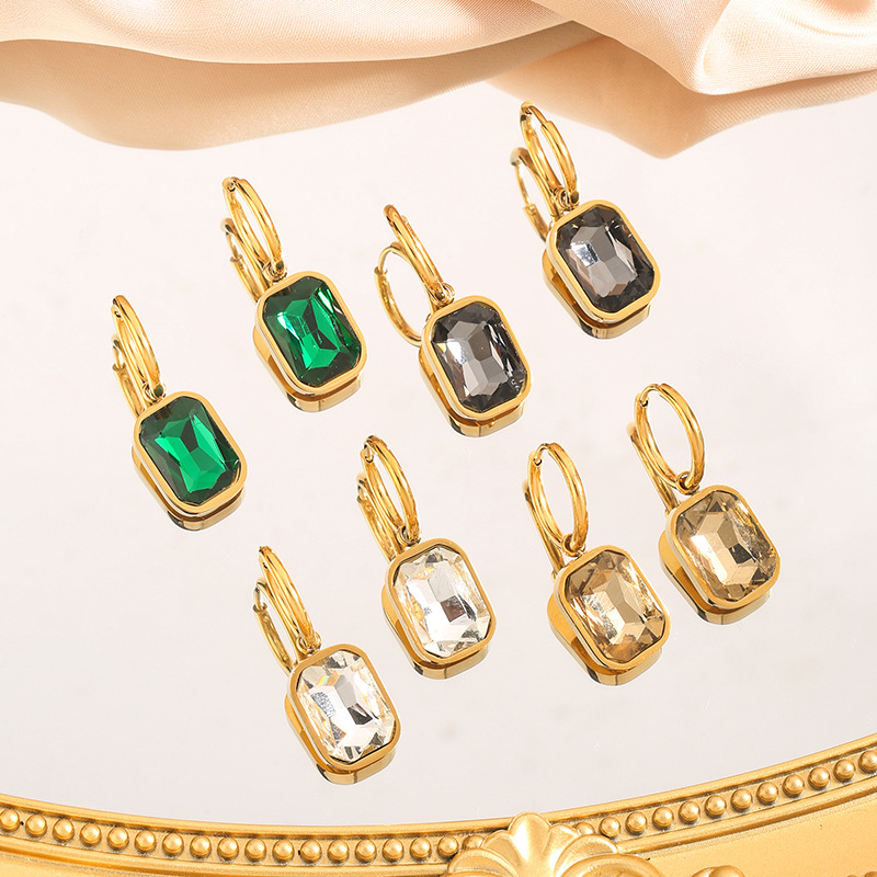 European and American Fashion New Niche Micro-inlaid Earrings Titanium Steel Plated 18K Gold Cut Corner Rectangular Zircon Pendant Earrings Women