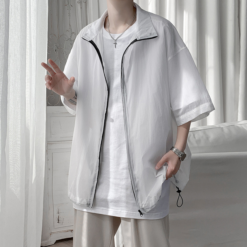 Men's sun-proof clothes summer 2023 new thin stand collar Ice Silk short-sleeved jacket breathable trendy casual top