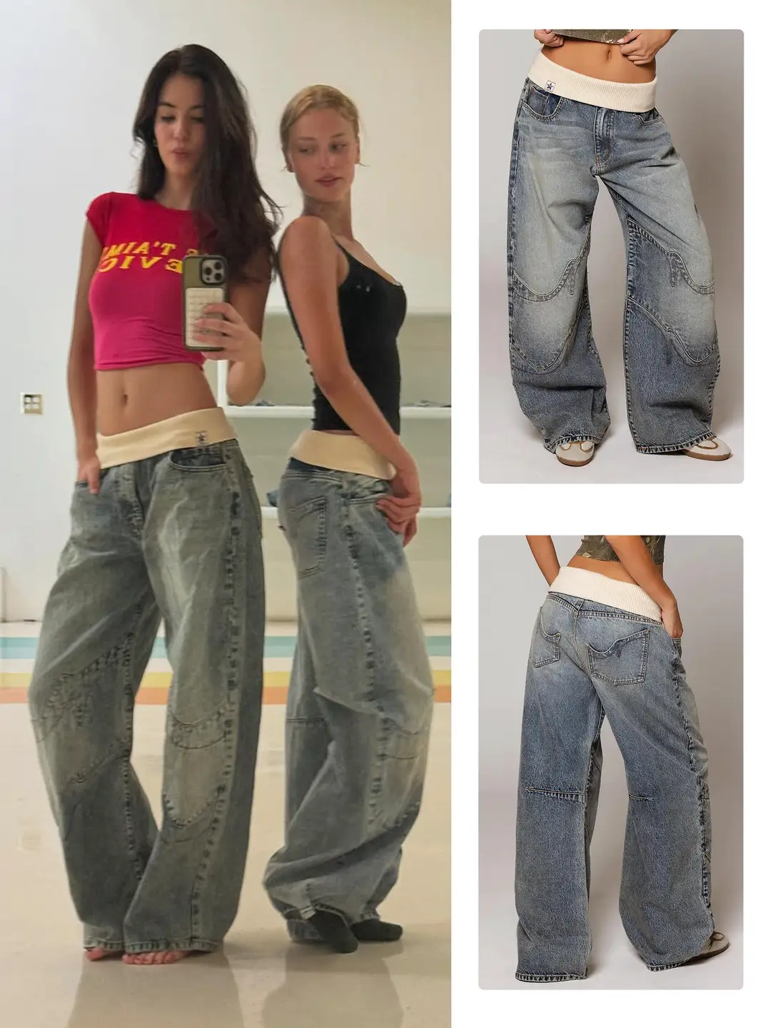 Revision denim, threaded waist straight leg jeans, vintage distressed, washed blue wide leg pants, heavy-duty embroidery