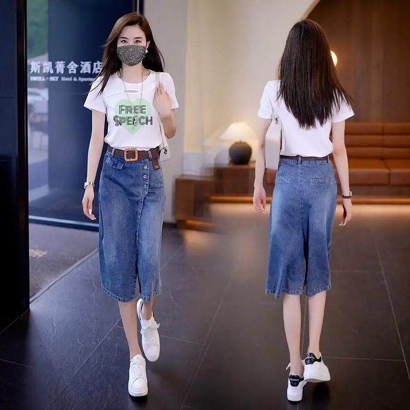 2023 Summer new Denim skirt wide-leg pants women's summer cropped pants sweet high-rise long-leg high waist skirt