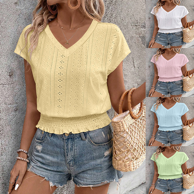 2025 Spring and Summer Temu Cross-Border New European and American V Neck Jacquard Cut Out Short-Sleeved T-Shirt Fashionable Casual Tops for Women