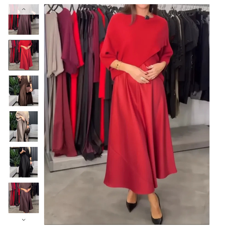 Foreign Trade Cross-Border European and American Amazon New Winter Style Round Neck Half-Sleeve Simple Solid Color Elegant Dress
