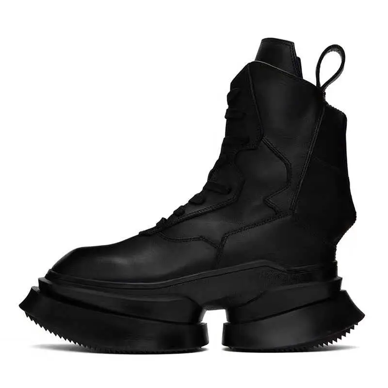 European and American Style Super Popular Punk Biker Boots Thick-Soled Height-Increasing Martin Boots Zipper Lace-Up Breathable Genuine Leather Mid-Calf Boots for Men