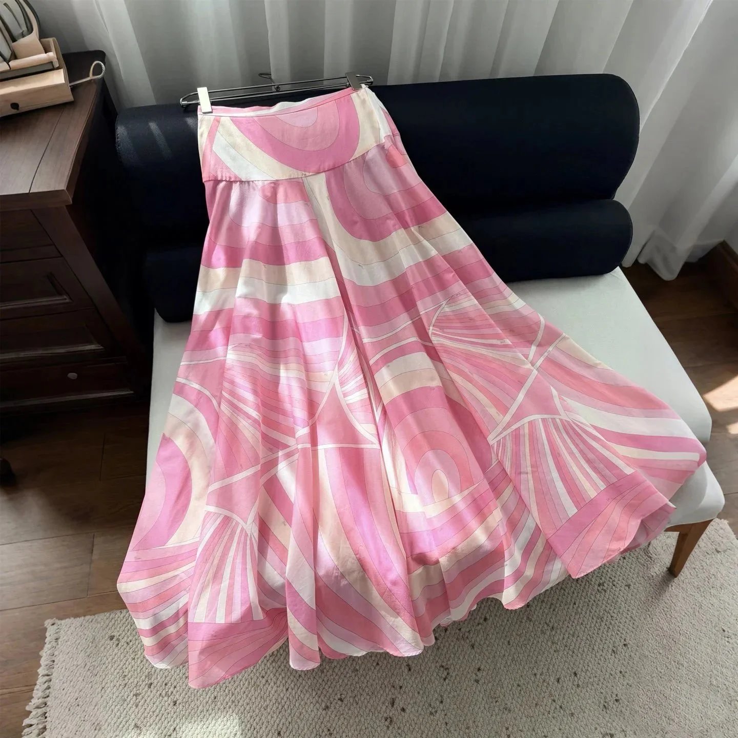 Sweet Balamine Style Micro Stripe Printed Skirt Women's High Waist Large Pleated Vacation Skirt