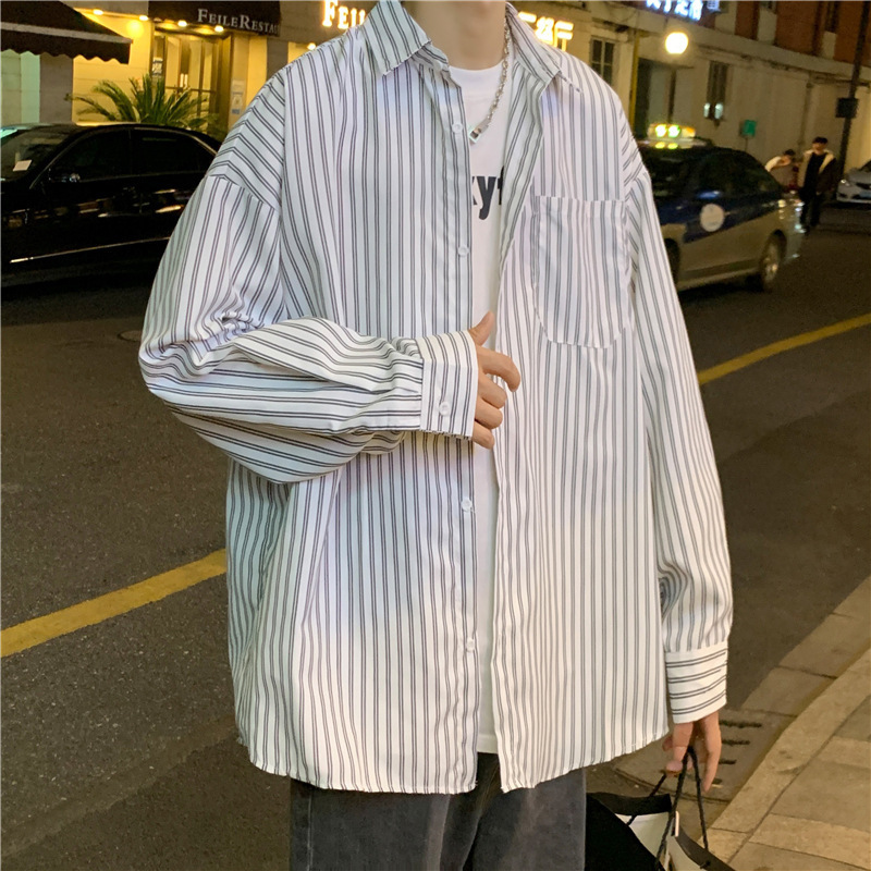 Japanese striped shirt men's boyfriend style long sleeve shirt Hong Kong style men's Korean style trendy autumn casual jacket couple wear