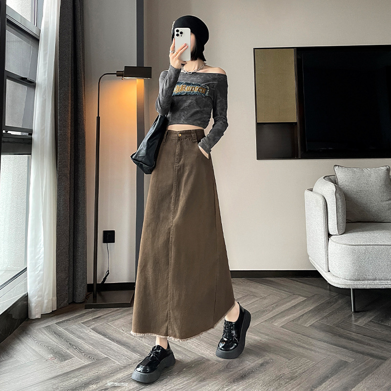 Coffee Denim Skirt Women's High Waist Spring and Autumn New Back Split Retro Slimming Casual Long Skirt with Rag