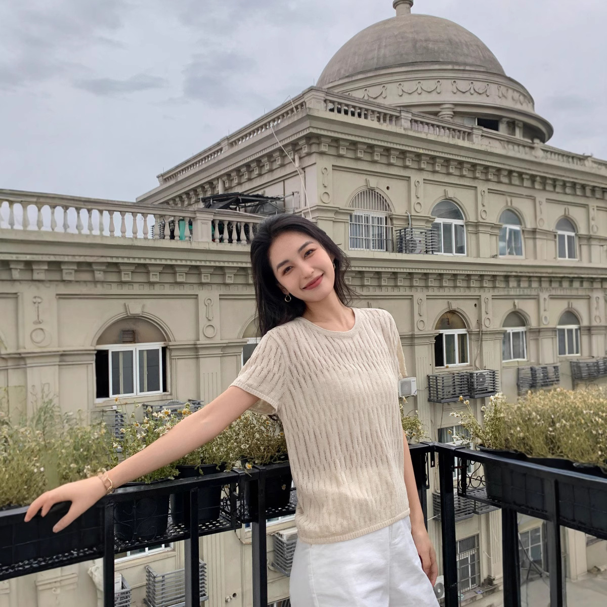 Summer New Style Lyocell Tencel Linen Cut Out Knitted Short-Sleeved Top for Women, Round Neck, Breathable, Comfortable, High-End T-Shirt