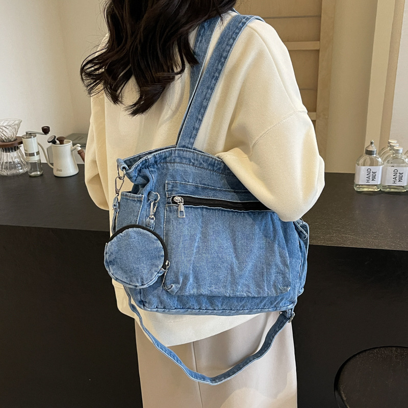 Japanese-Style Solid Color Denim Bag for Women 2026 New Trendy Fashion Casual Tote Shoulder Bag Large Capacity Crossbody Bag