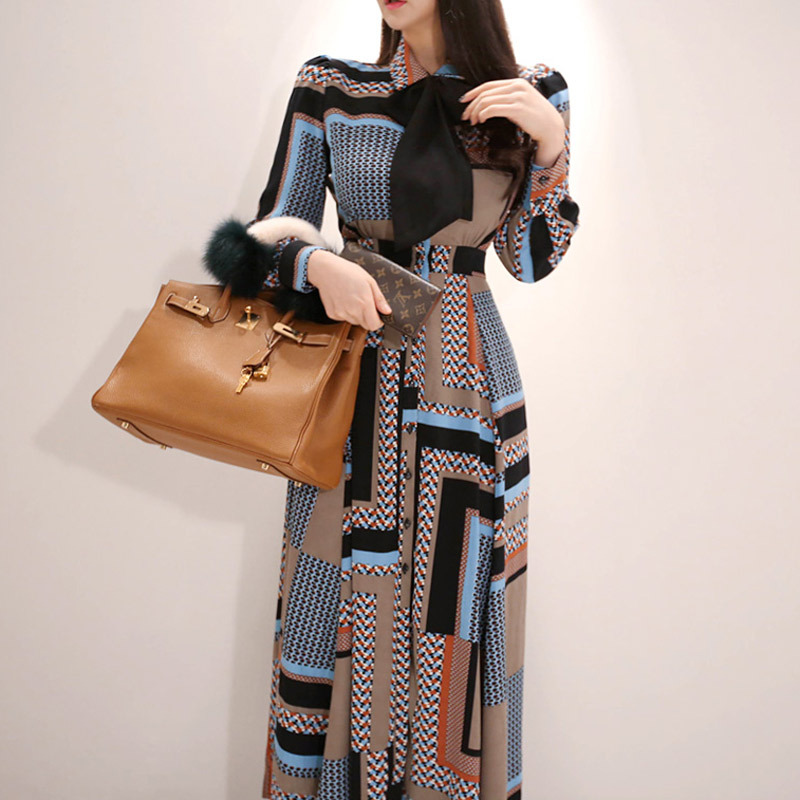 Cross-Border Women's Clothing 2025 Spring New Korean Style Elegant Lapel Single-Breasted Printed Large Swing Long Skirt Dress