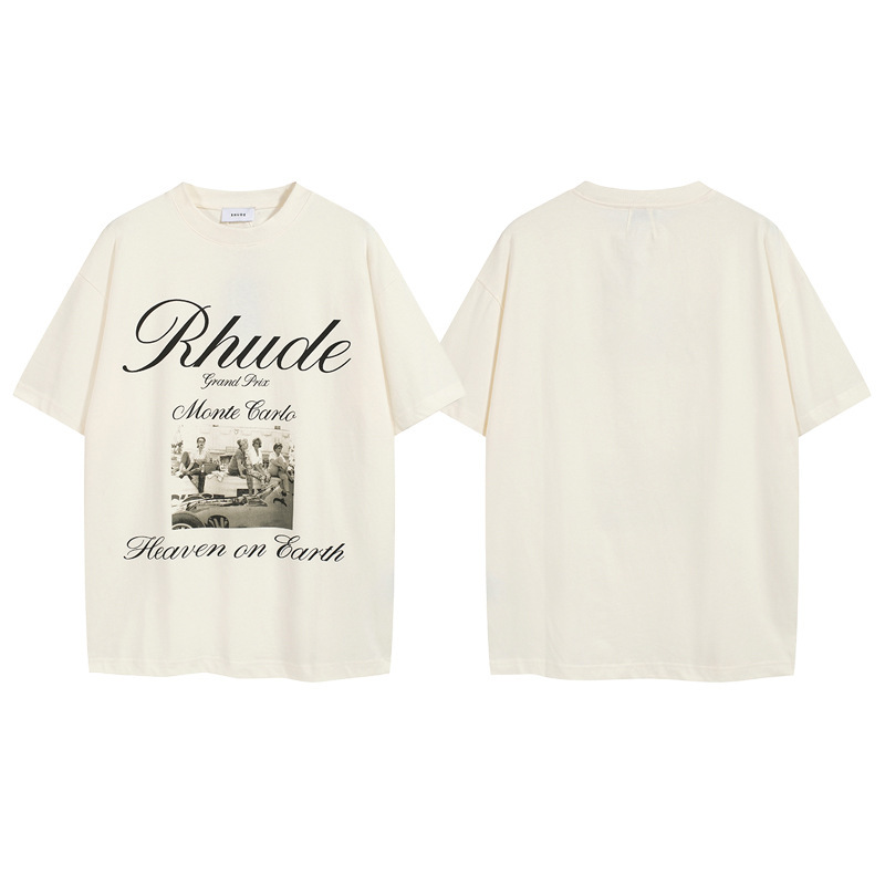 Niche High Street American Rhude Retro Character Old Poster Slogan Logo Short-Sleeved Men's and Women's Loose T-Shirt Half-Sleeved Shirt