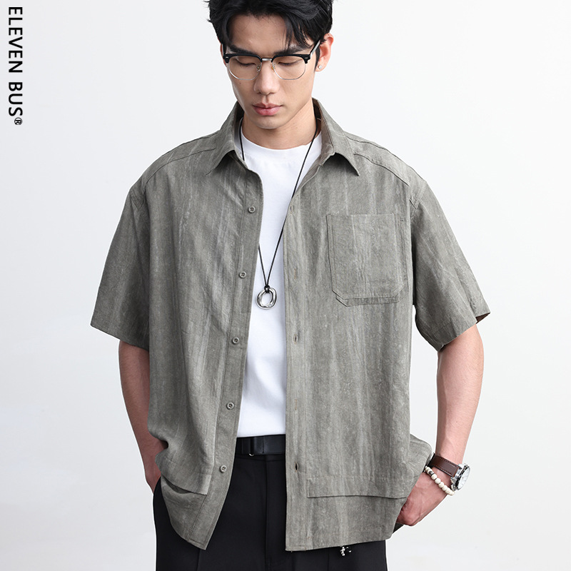 Spring and Summer Lyocell Short-Sleeved Men's Shirts, American Trendy Printed Shirts, Japanese Retro Loose-Fitting Tops for Men