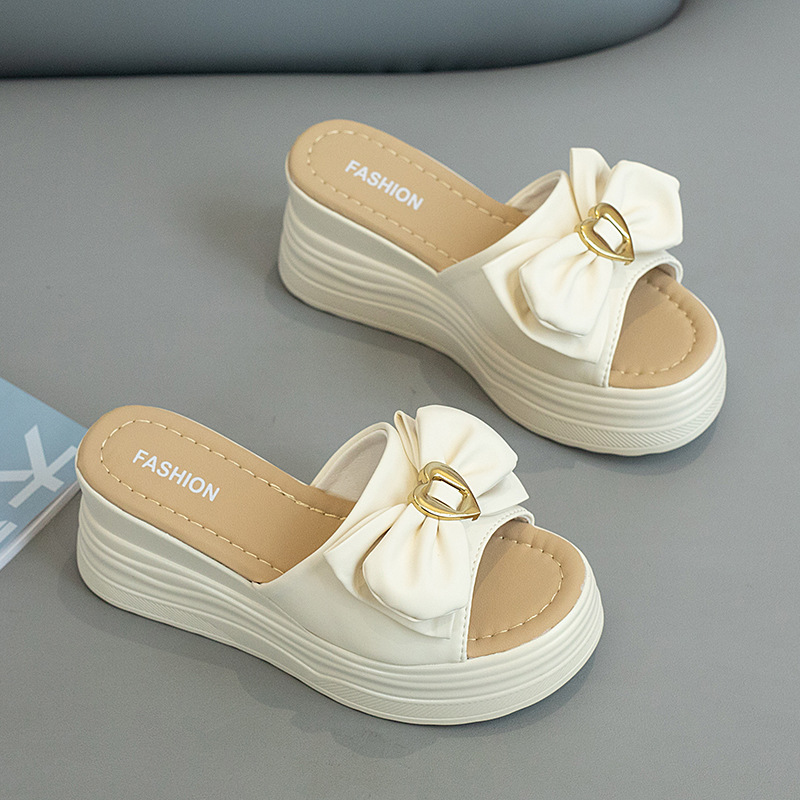 Trendy Bowknot Casual Sandals 2026 Summer New Fashion Versatile Wedge Heel Height-Increasing Slide Sandals Beach Slippers