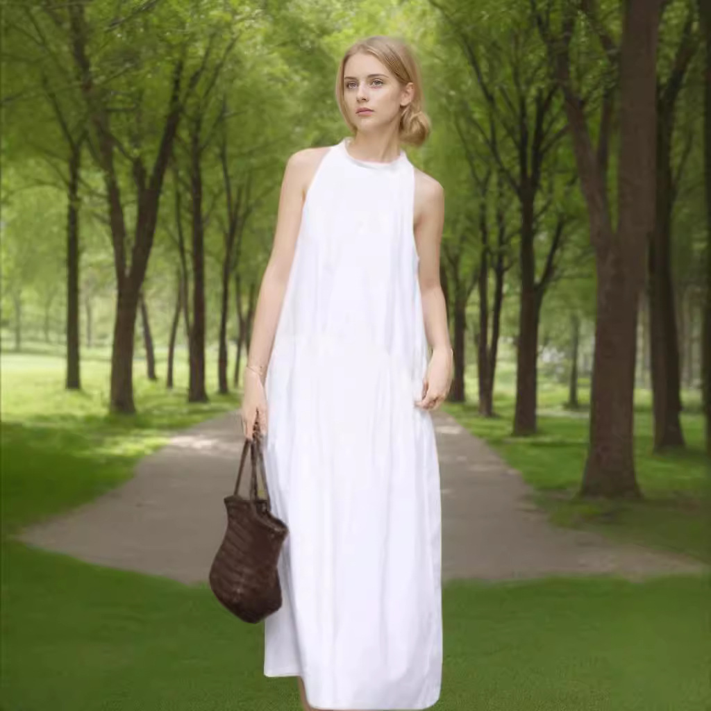 Ins*Is2026 New Summer Women's Clothing, Southern French Resort Style High-Density Cotton Stand-Up Collar Halter A-Line Long Dress