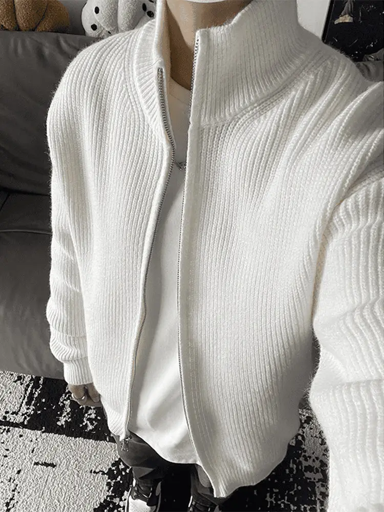 White Stand-Up Collar Cardigan Sweater for Men, Autumn and Winter, High-End American Style, Lazy Style, Cleanfit Zipper Knit Jacket