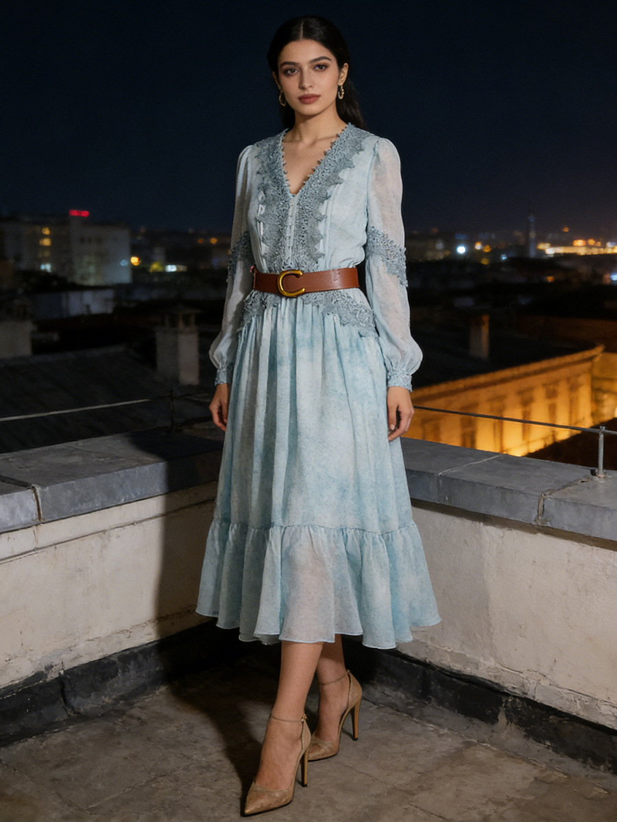 French Retro Style Tie-Dye Lace Dress 2026 Summer New Style Women's V-Neck Lantern Sleeves Waist-Cinching Long Skirt