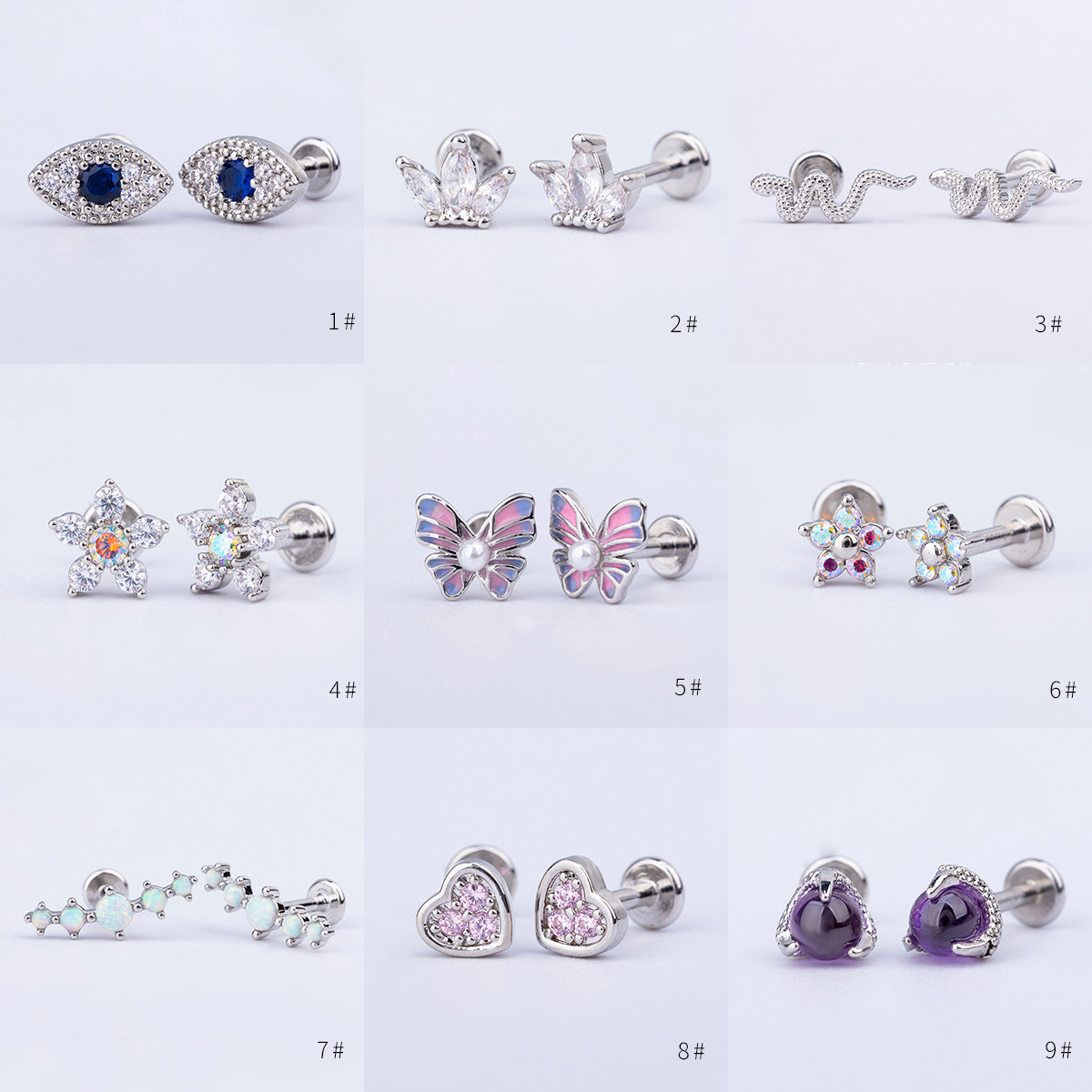 1.2mm thick 316L titanium steel copper gold plated lip nail earring butterfly snake crown colorful lip nail earring nail ear bone nail
