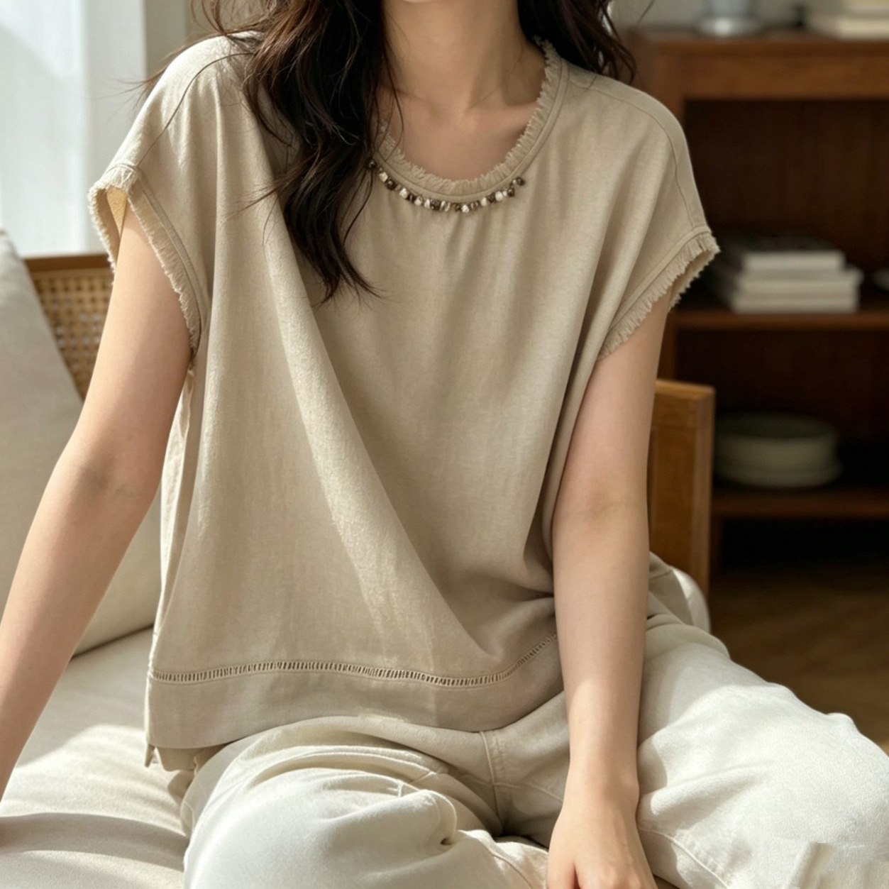 Shenzhen Nanyou 2026 New Product Highly Recommended Heavyweight Linen Rayon Heavy Beading Series Three-Color Shirt Top