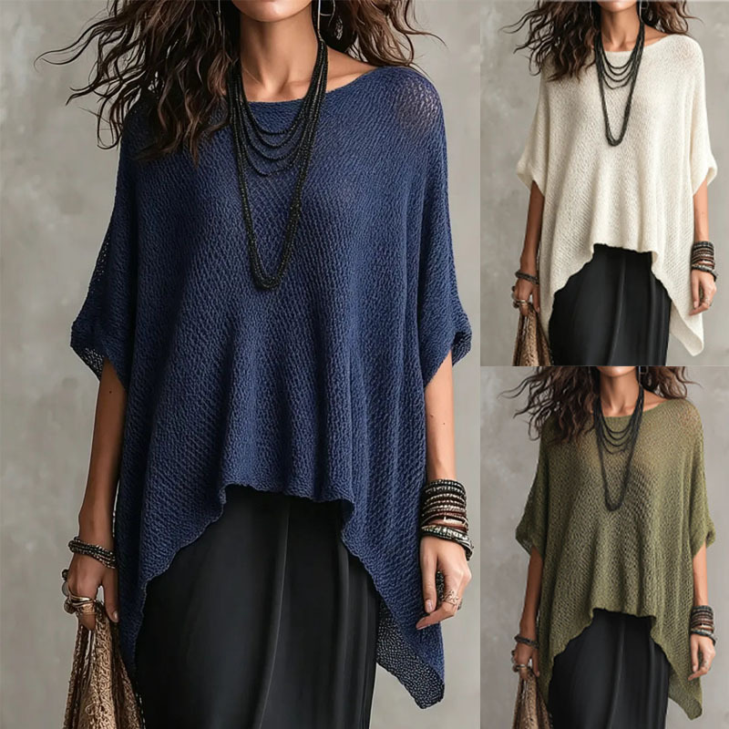 Summer New European and American Style Hollow-Out Knit Sweater Blouse with Round Neck, Irregular Hem, Batwing Sleeves, and Thin Design