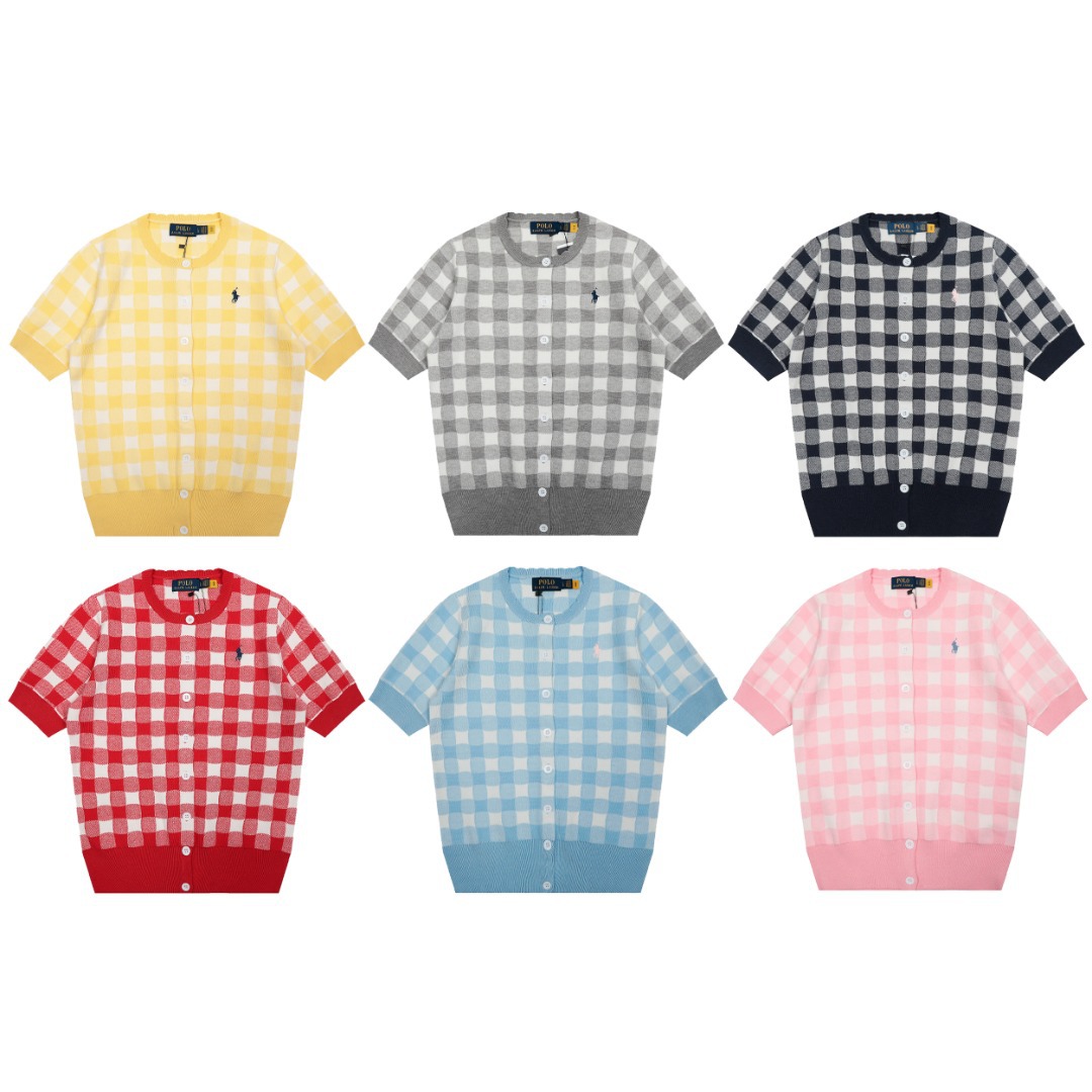 Rl Laff Pony Logo Embroidered Plaid Knitted Cardigan Women's Early Autumn New Lace Round Neck Plaid Top Tops