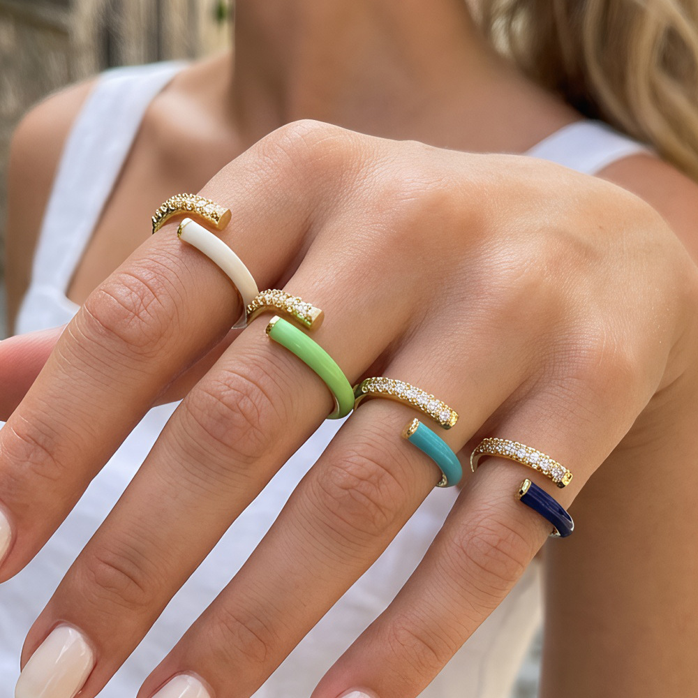 Small Fresh Style Simple Line Sense Micro-inlaid Zircon White Candy Color Oil Dropping Craft Fashion Small Fragrant Style Ring