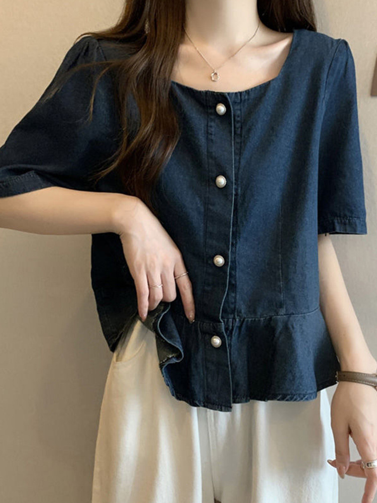 Designed Short-Sleeved Denim Shirt for Women 2026 Summer New Korean Style Retro Square Collar Belly-Covering Versatile Top