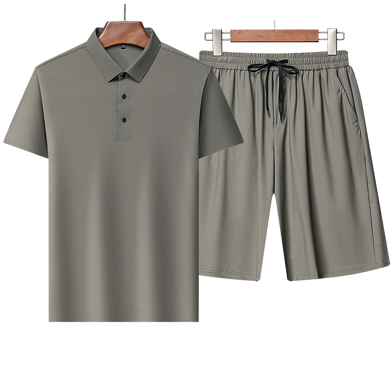 Ice Silk Seamless Short-Sleeved Men's T-Shirt and Shorts Set, Summer Men's Middle-Aged Dad's Casual Polo Shirt Two-Piece Set