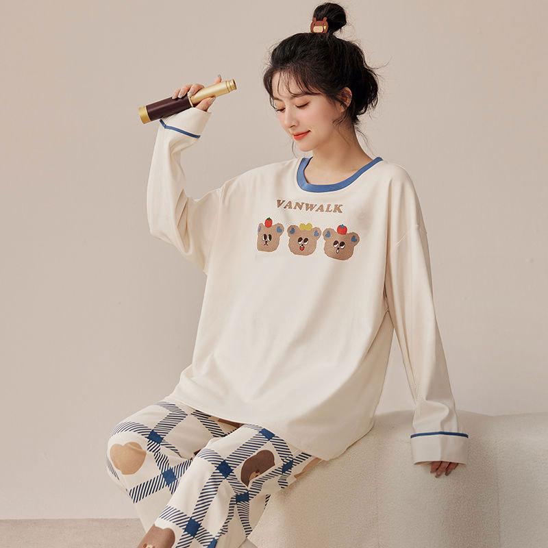 Cartoon Ins Bear Pajamas for Women, New Spring and Autumn Style, Long-Sleeved and Long-Pants Casual Large-Size Loungewear Set That Can Be Worn Outside