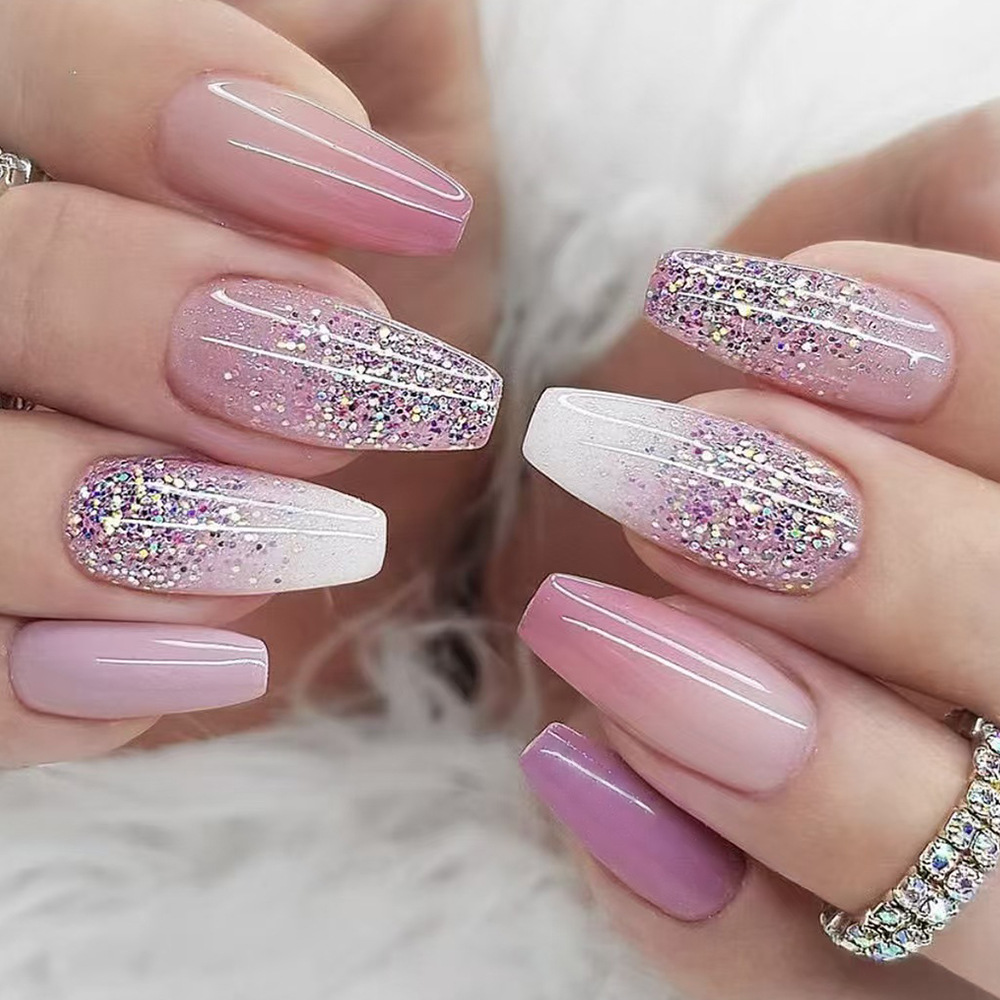 Chinese Purple Gradient Gradient Flash Wear European and American Simple Hot Girl Bright Face Press Nail Art 24 Fake Nails