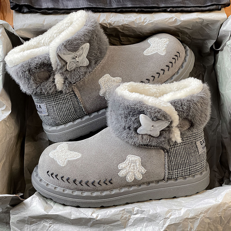 Mickey Collaboration Gray Snow Boots for Women, 2025 New Winter Short-Tube Thick-Soled Fleece-Lined Warm Cotton Shoes for Women