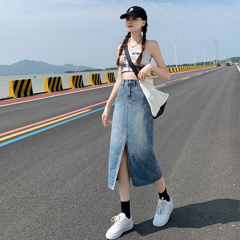 Denim Skirt Women's 2023 Summer New Korean-style Loose All-match High Waist Slimming Split Mid-length Sheath Skirt