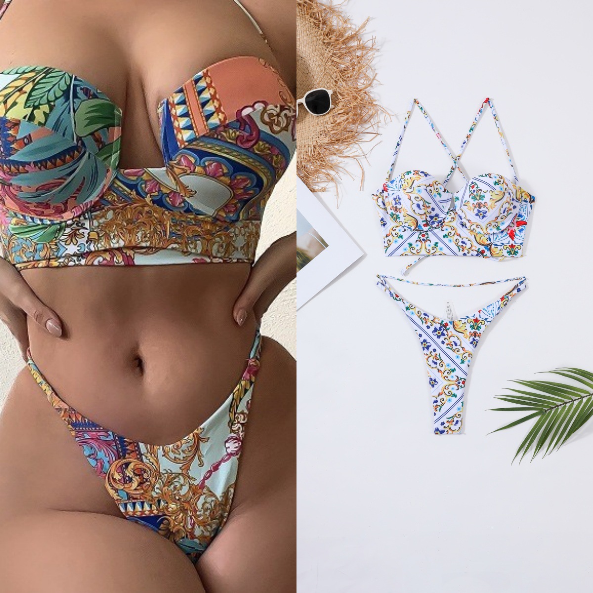 European and American foreign trade new sexy tropical flower printing hard cup bikini DY016