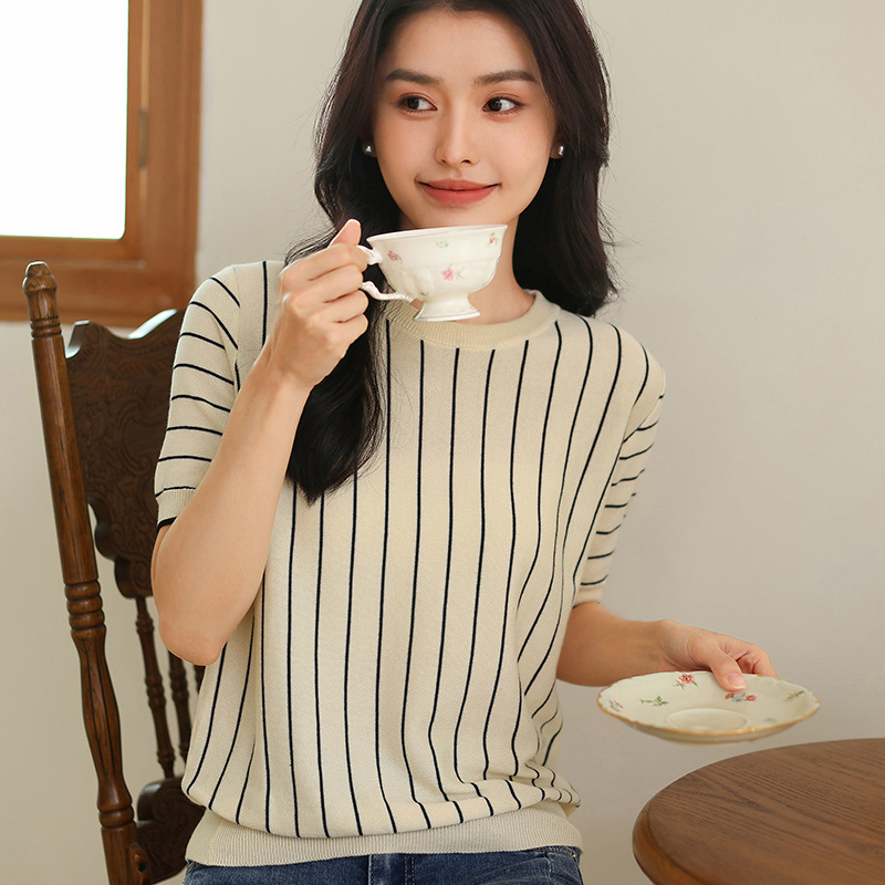 French retro striped chiffon cotton loose inner sweater summer half sleeve thin round neck short sleeve T-shirt top