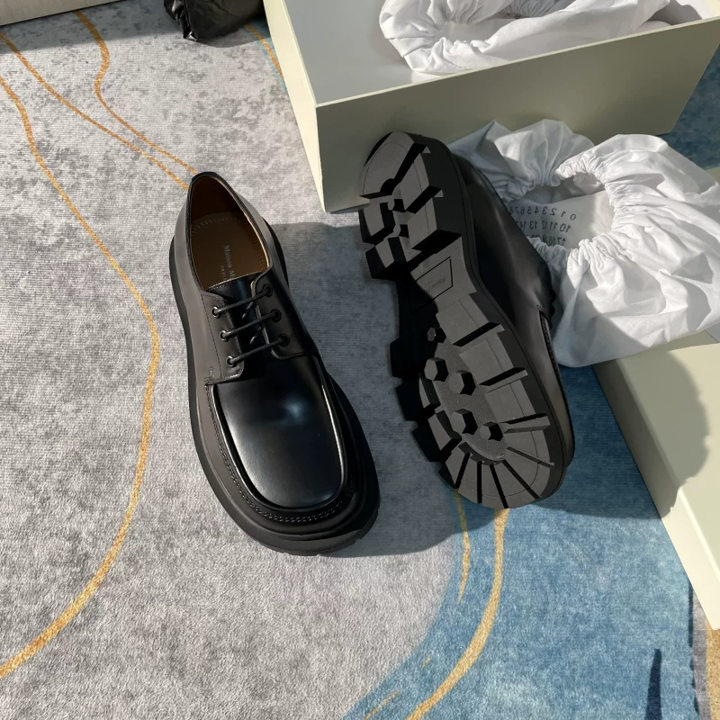 Genuine leather men's shoes with thick sole, big head, square toe, lace up, derby shoes with open edge, pearl cowhide flat sole, single shoes for both men and women