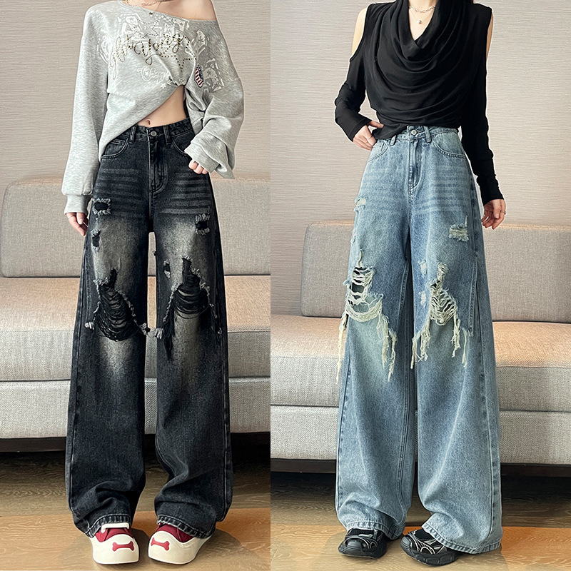 Ripped Wide-Leg Jeans for Women with a Unique Design, Irregular Long Pants, New Loose-Fitting Floor-Length Pants for Spring and Summer