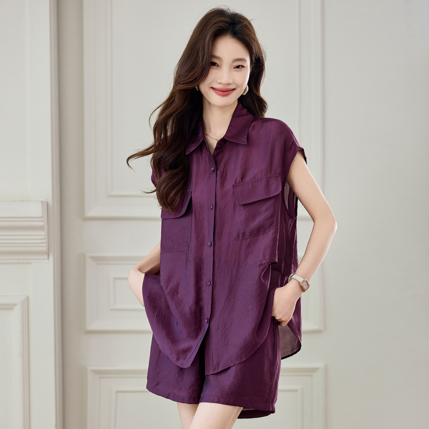 2025 New Summer Women's Tencel Fashion Suit Women's Loose Short-Sleeved Shirt Short-Sleeved Top Pure Color Two-Piece Set