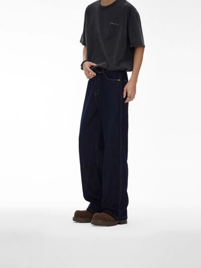 Men's Straight-Leg Jeans American Retro Raw Denim Jeans Men's High Street Spring Trendy Loose Straight-Leg Pants