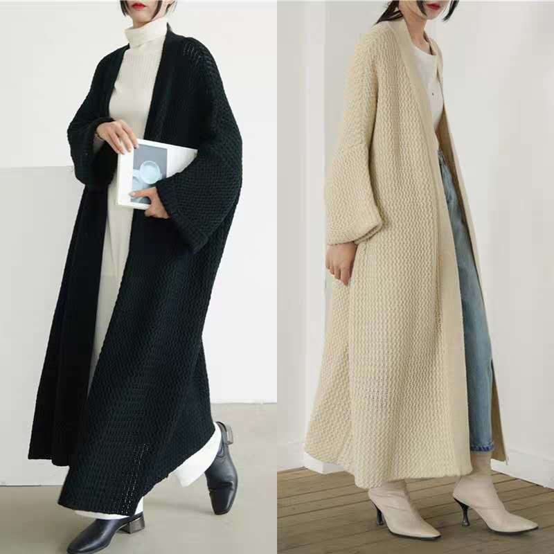 Korean Style Plus-Size Sweater for Women 2026 Autumn and Winter Loose Long Knitted Cardigan Lazy Style Over-The-Knee Thick Yarn Coat