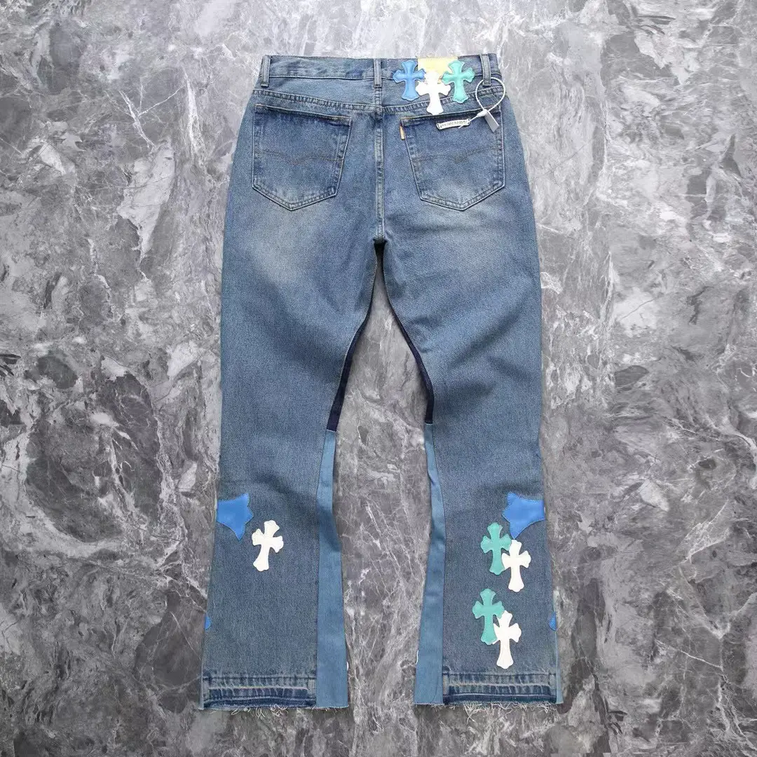 25 Beloved Desertplants Leather Cross Blue Patchwork Wide-Leg Pants Denim pants Same Style for Men and Women