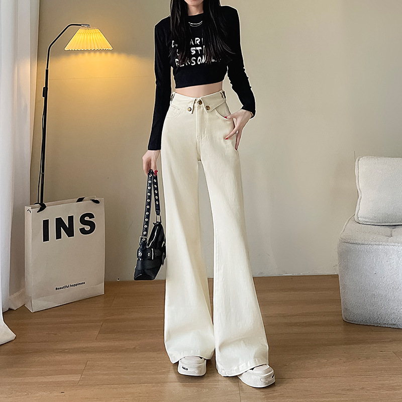 creamy-white Design Sense Niche American Style Hot Girl Jeans Women's Trousers Spring and Autumn New High Waist Loose Design Sense